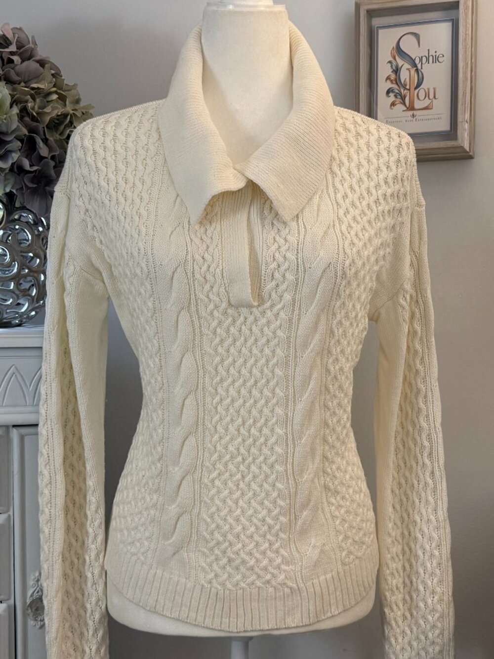 Cato Ivory Cable Knit Basketweave Collared Pullover Sweater M